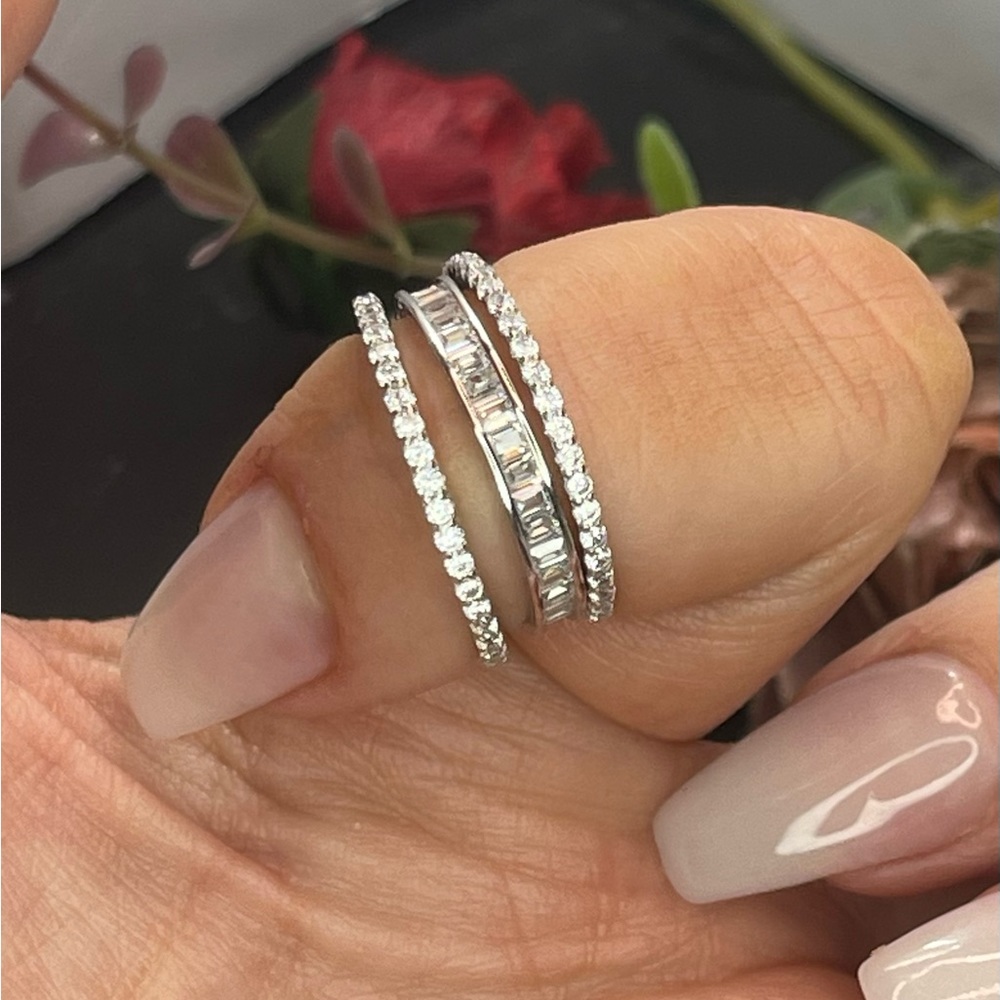Solid 925 Silver Baguette Stack Dainty Eternity R… - image 1